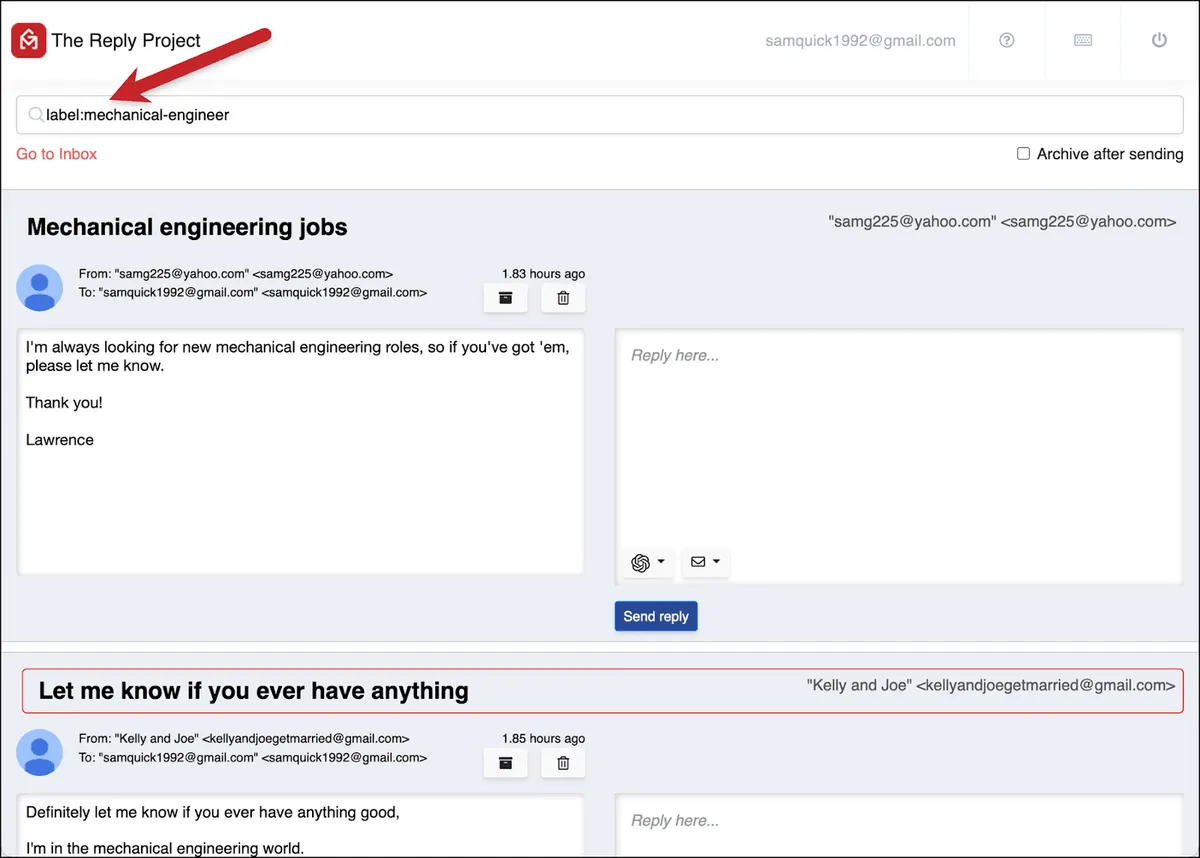Searching in The Reply Project
