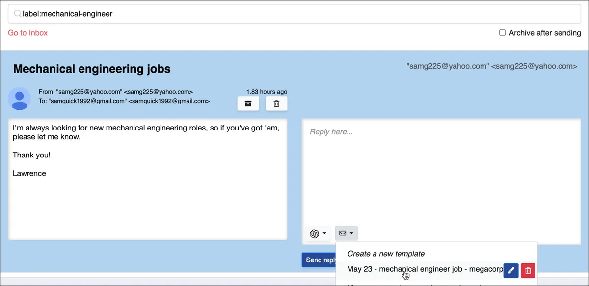 Recruiters using a template after a search in The Reply Project