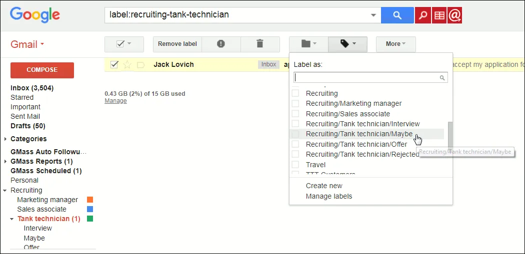 Relabeling a candidate's email to "Maybe" within the Tank Technican job.