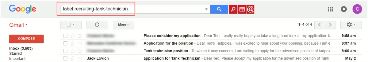 The job applicants' emails, selected via the label.