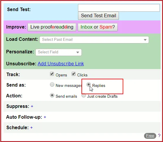 The "send as replies" option in the GMass Settings window.