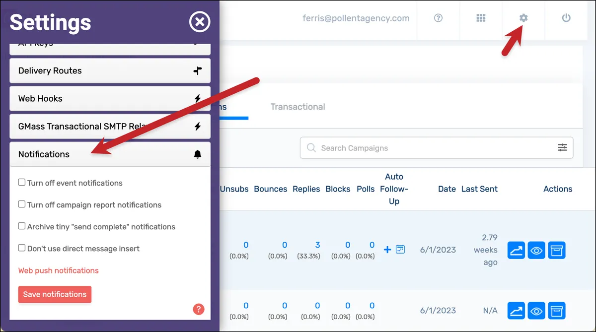 Notification settings in the GMass dashboard