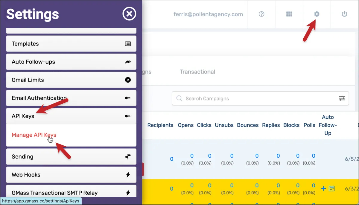 The API keys section of the dashboard