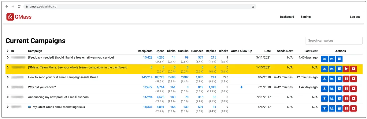 GMass dashboard