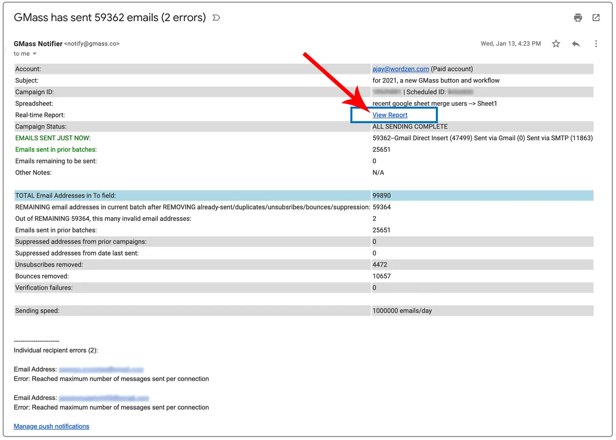 link in send notification