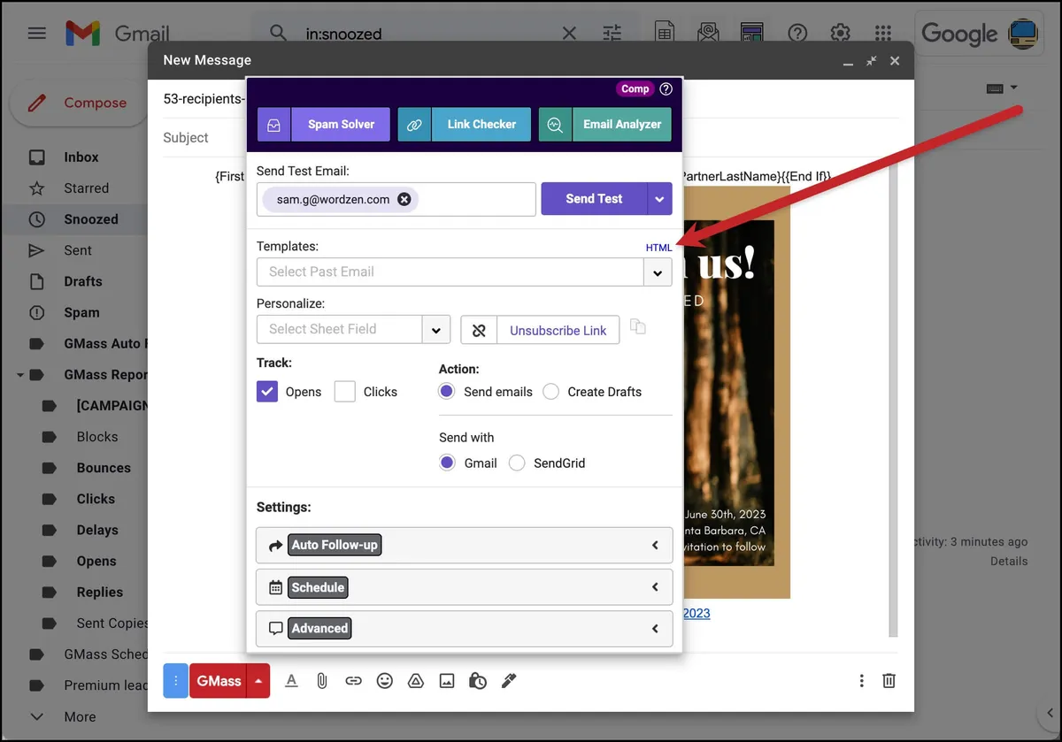 Click the HTML link in GMass settings