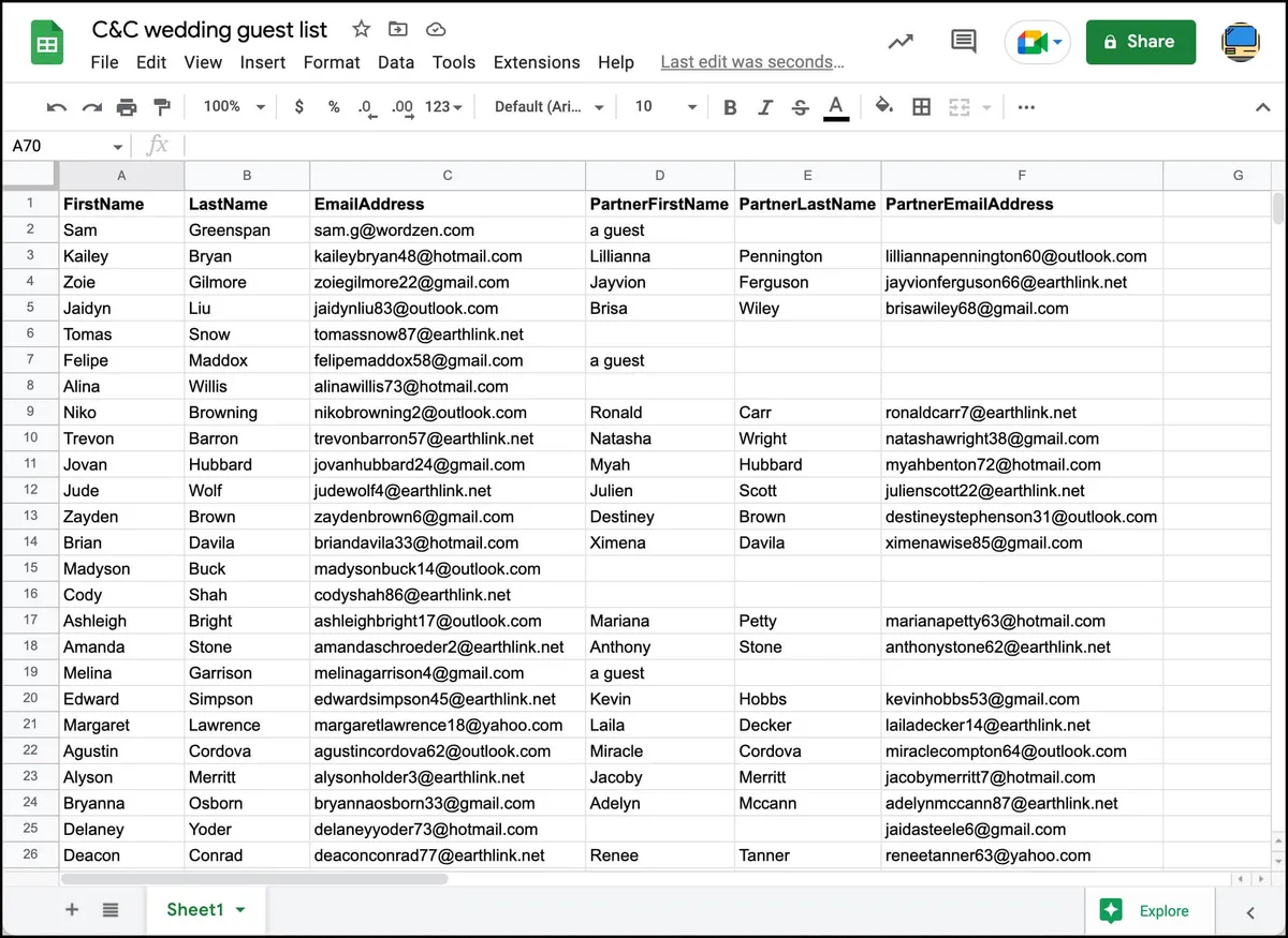Your save the date guest list in Google Sheets