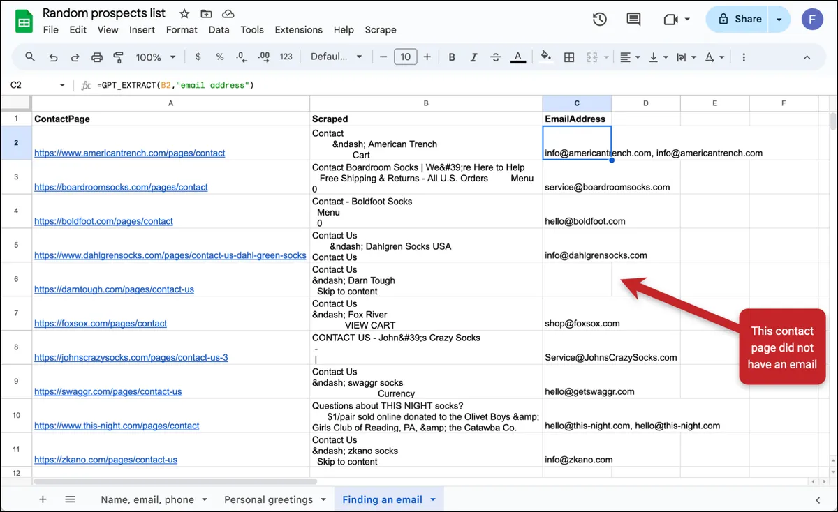 Finding email addresses inside scraped data