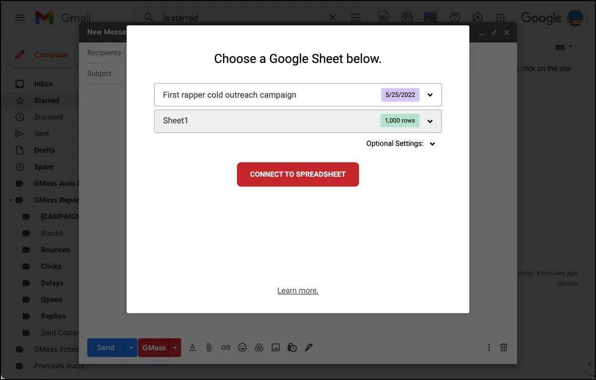 Connect your Google Sheet of rappers for cold outreach
