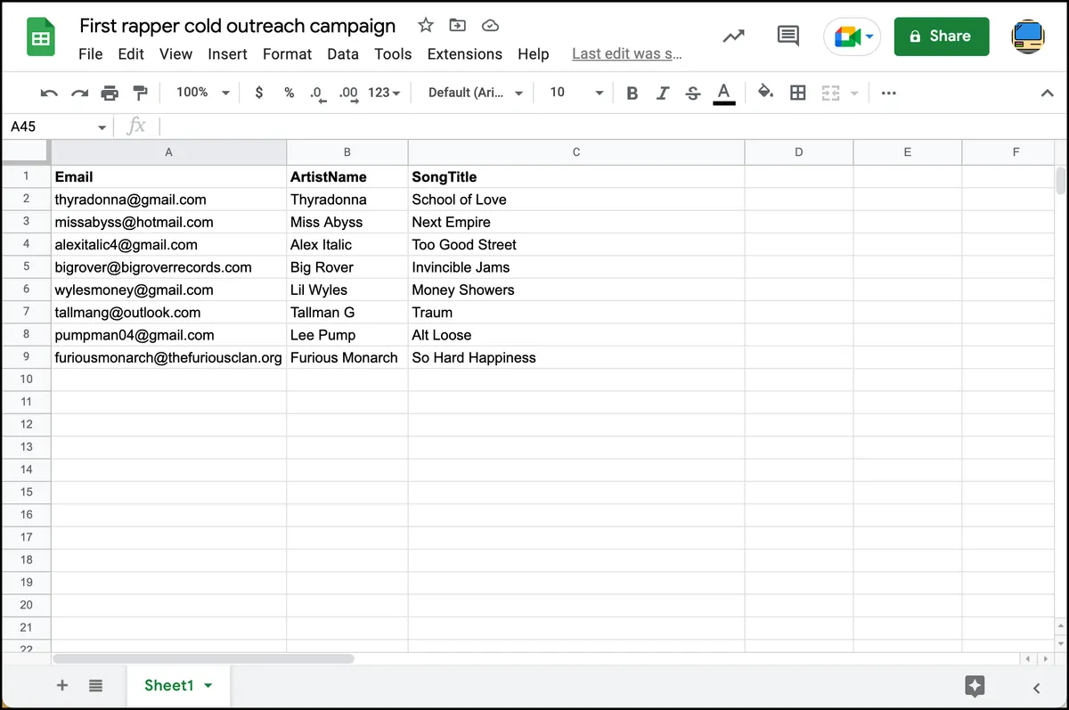 Cold email outreach spreadsheet
