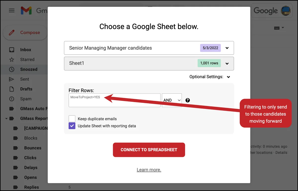 Filtering spreadsheet for sends