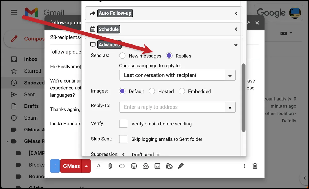 Send as replies options