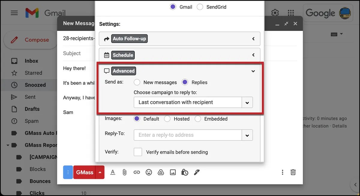 Send an email campaign as a reply to the most recent conversation