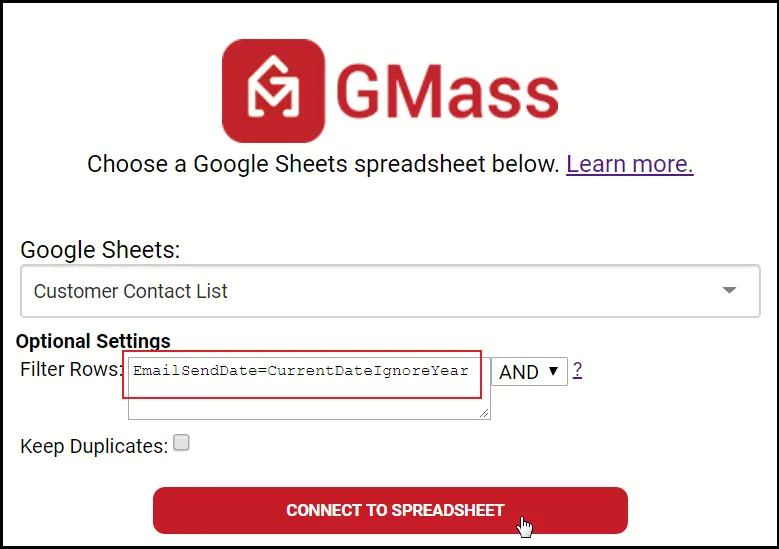 Choosing the spreadsheet and applying the filter.