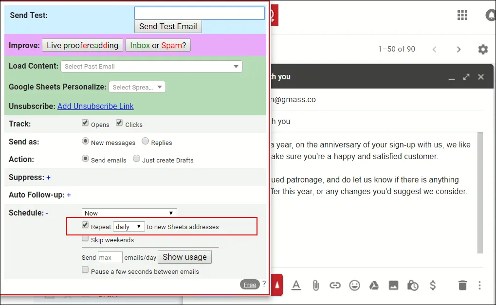 Checking the "repeat daily" checkbox in GMass Settings.