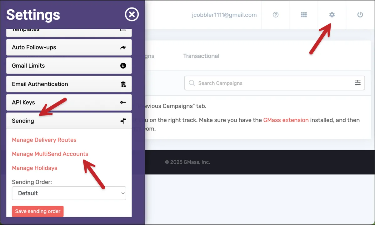 Open the GMass dashboard settings for MultiSend