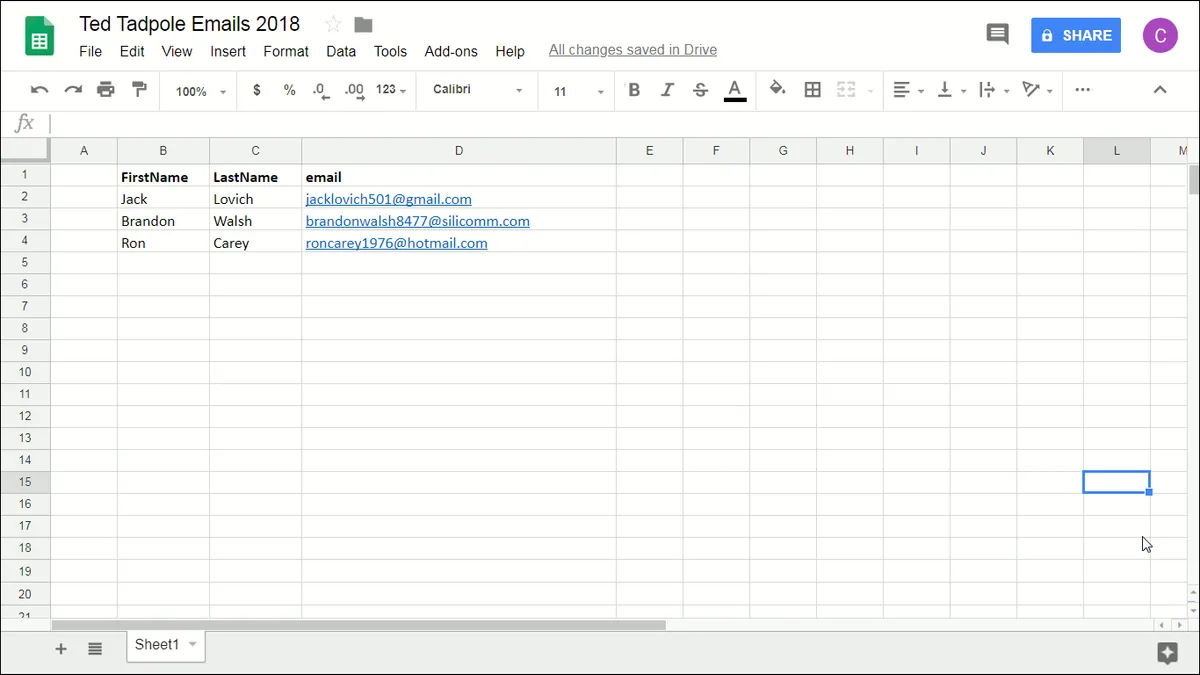 Showing Google Sheets sheet, now ready to use with GMass.