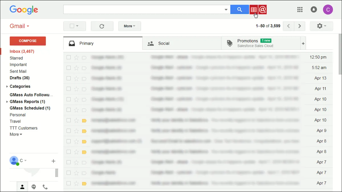 Shows cursor hovering over the spreadsheet button in GMass.
