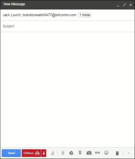 A new Gmail compose window, with email addresses from our spreadsheet.