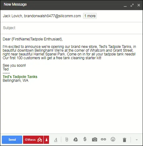 The Gmail compose window, showing an email written and ready to be sent out.