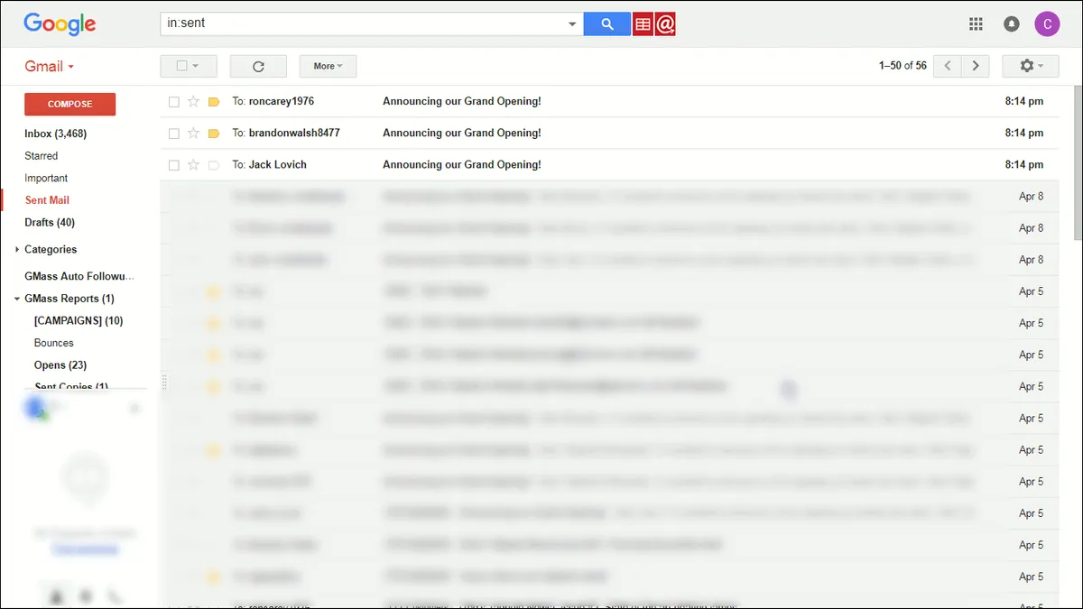 Showing the Gmail Sent folder, with the three emails having been sent out.