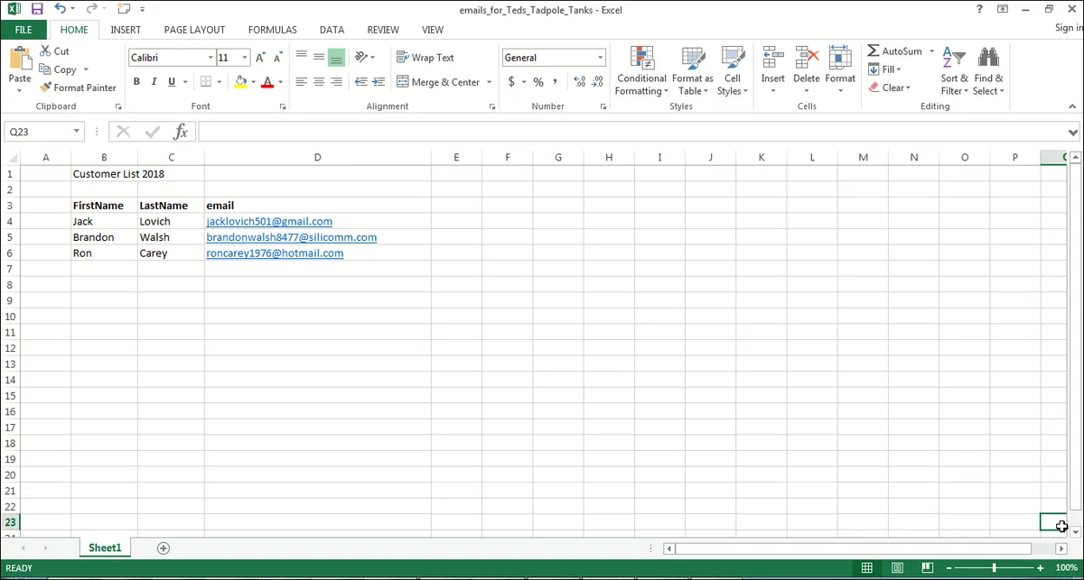 An Excel spreadsheet is shown, with three customer rows, including email addresses.