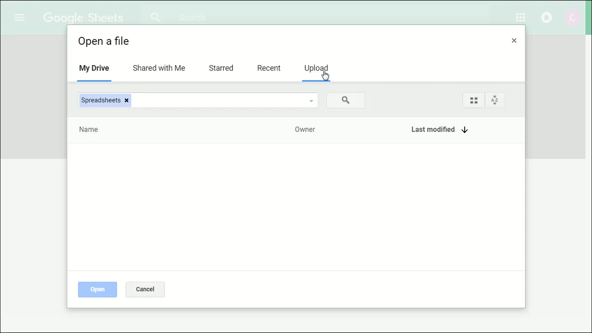 Showing cursor hovering over Upload in the Google Sheets File Picker dialogue.