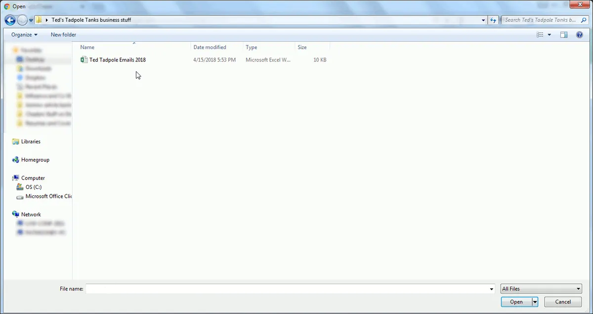 Showing desktop File Manager, about to select an Excel file to upload to Google Sheets.