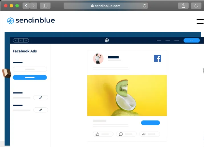 Sendinblue website showing the Facebook Ads feature