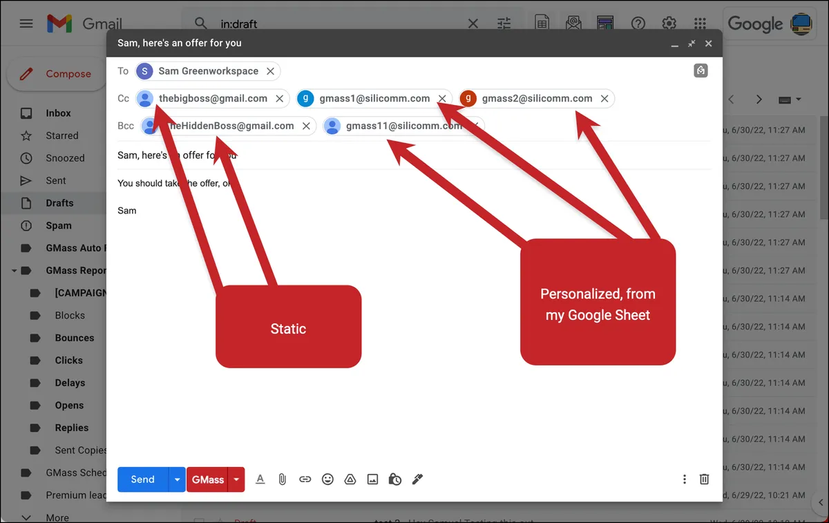 Static and dynamic mail merge CC and BCC together