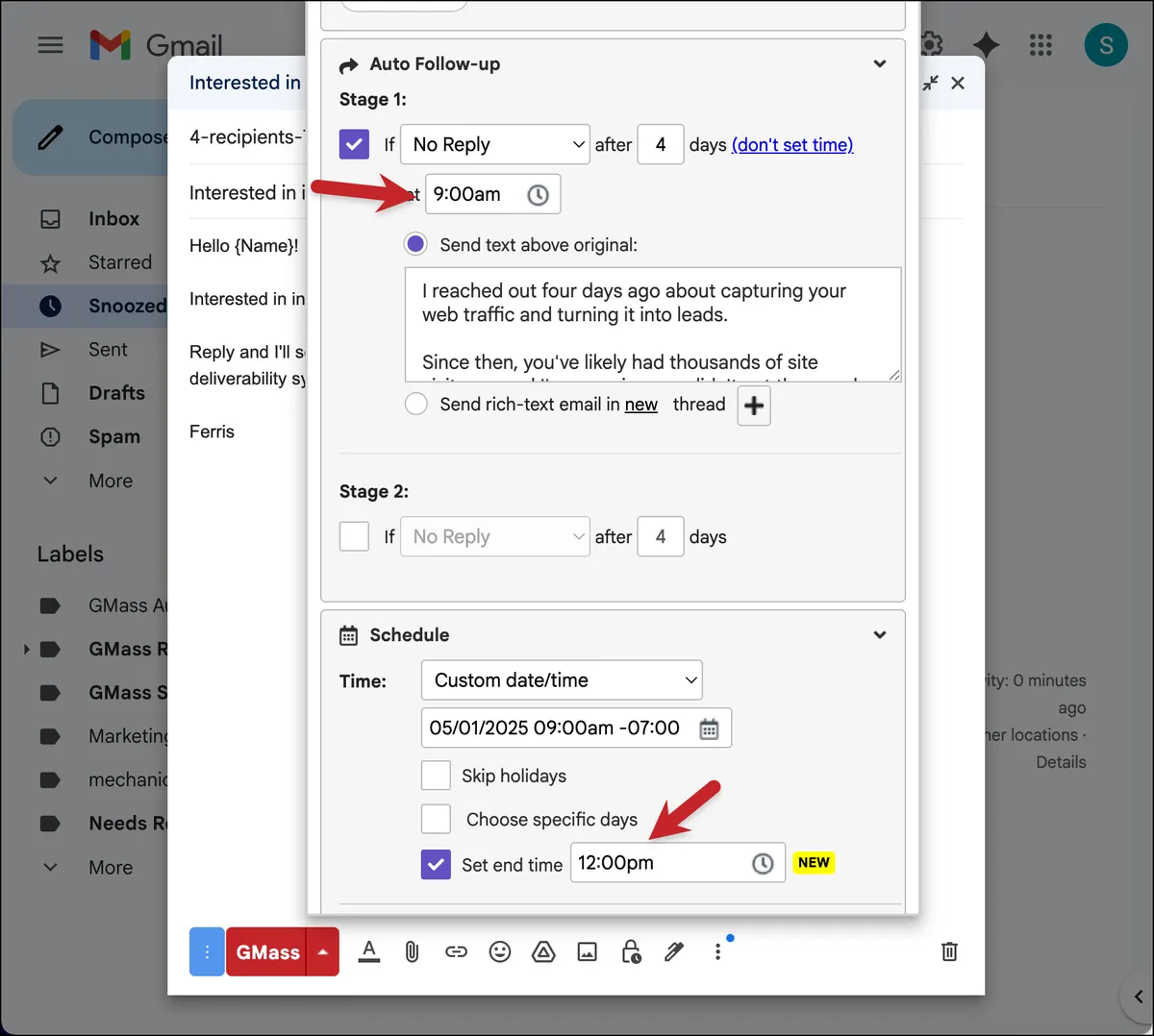 Start and end times for auto follow-ups