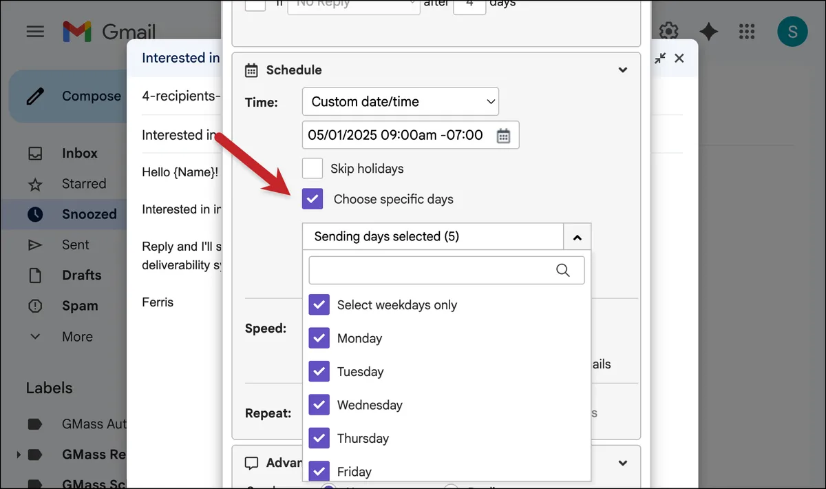 Using choose specific days to avoid sending on weekends