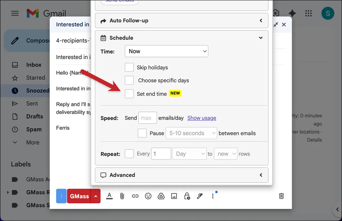 The set end time setting in the GMass settings box.