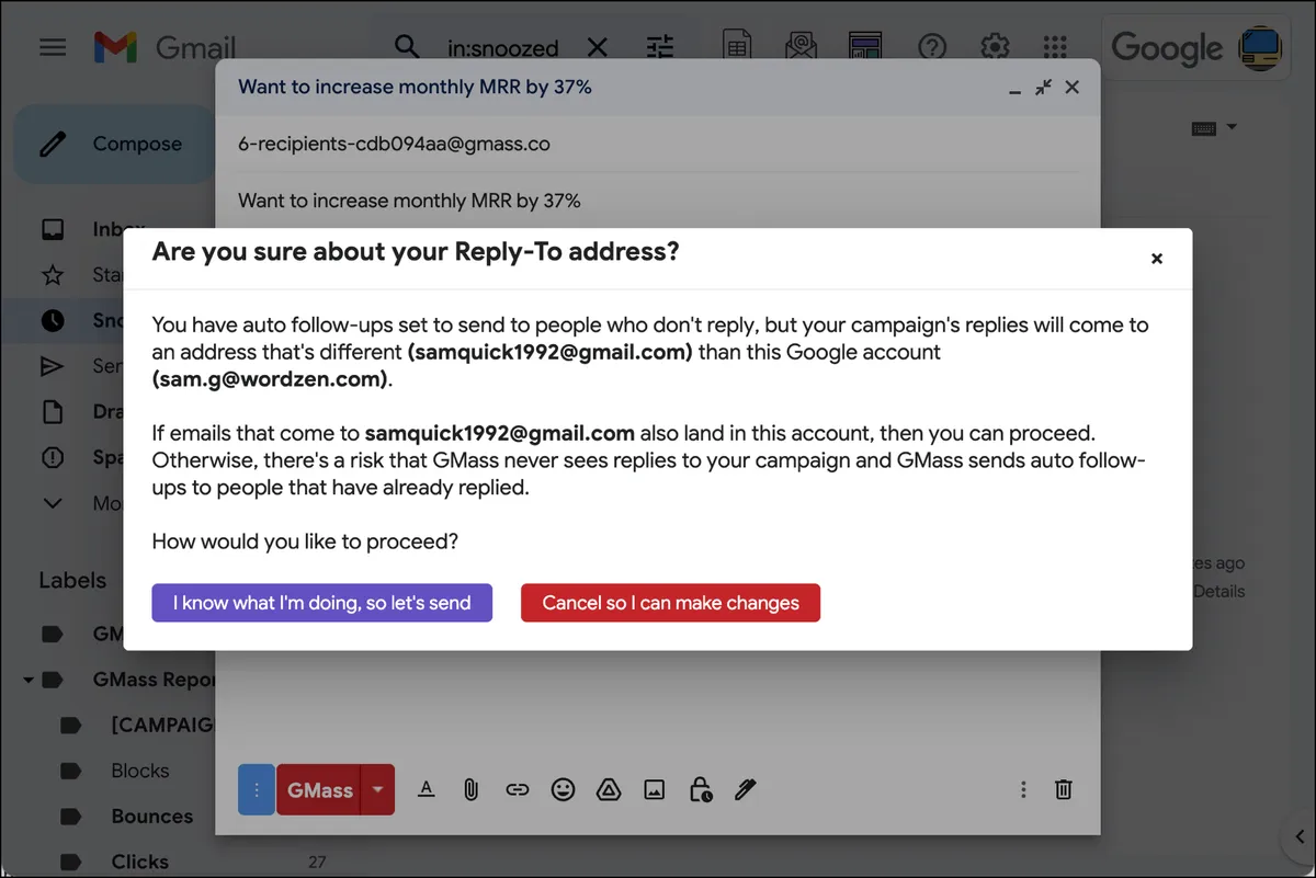 Warning for reply to address on auto follow-up campaign