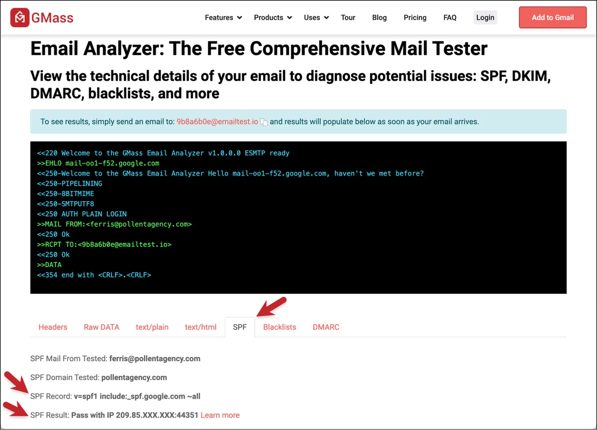 Test your SPF record using GMass's Email Analyzer