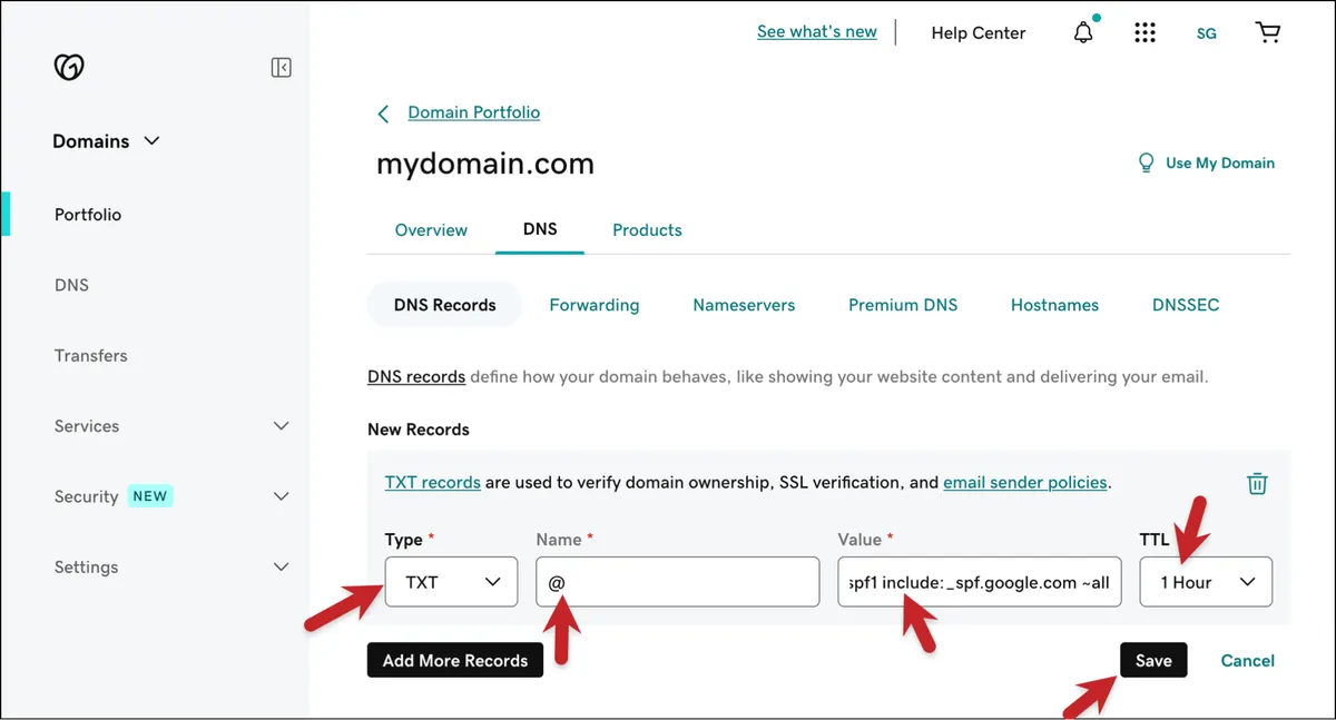 What to enter into the fields to set up SPF authentication