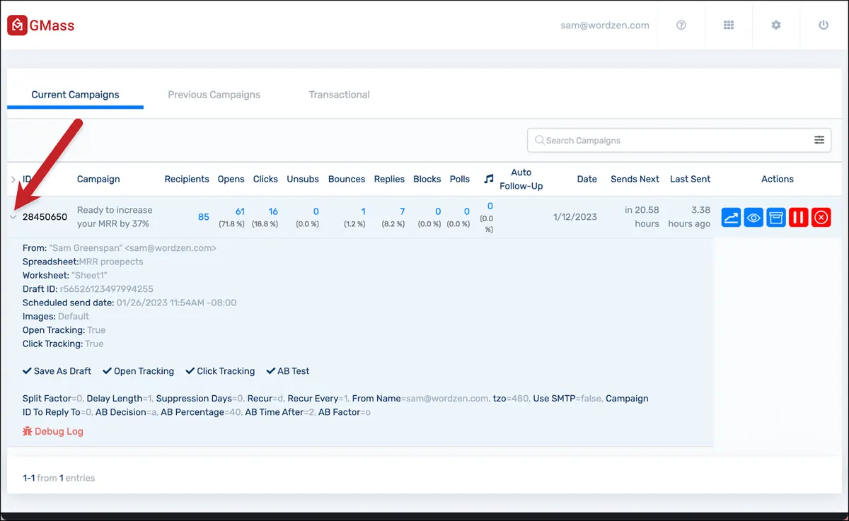 Detailed view of a campaign in the dashboard