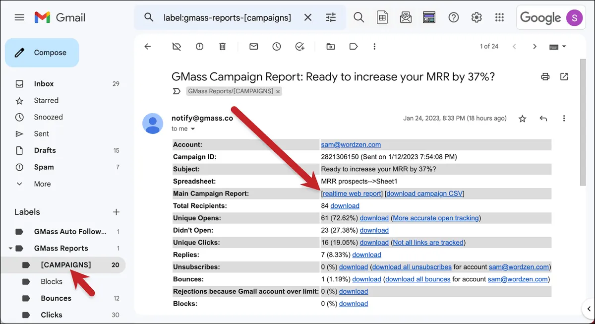 The link to the web-based report in the email