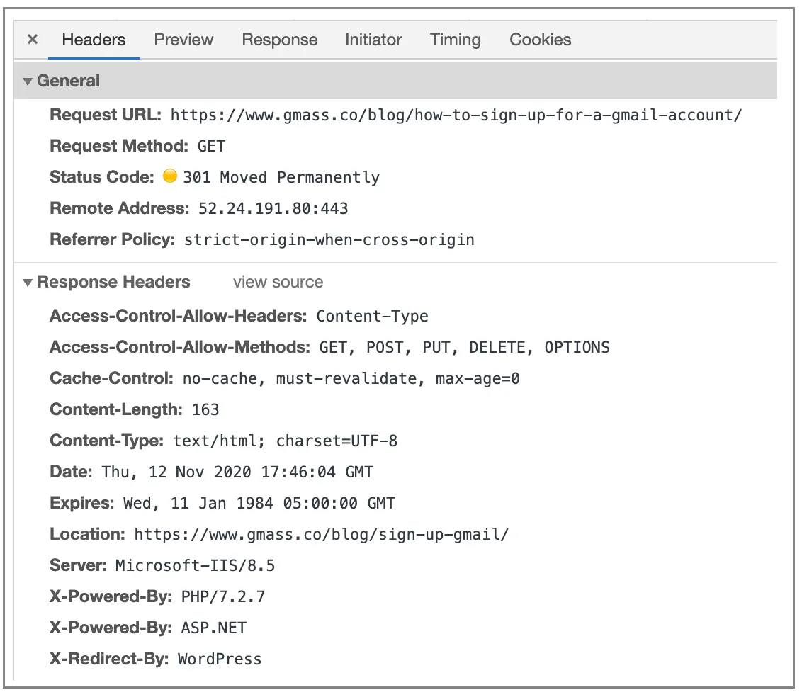Response headers show WordPress redirect