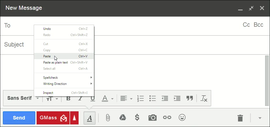 Shows Gmail compose window with user about to paste in the email addresses.