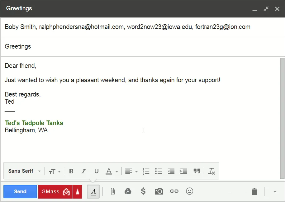 Gmail compose window showing written email ready to send out.