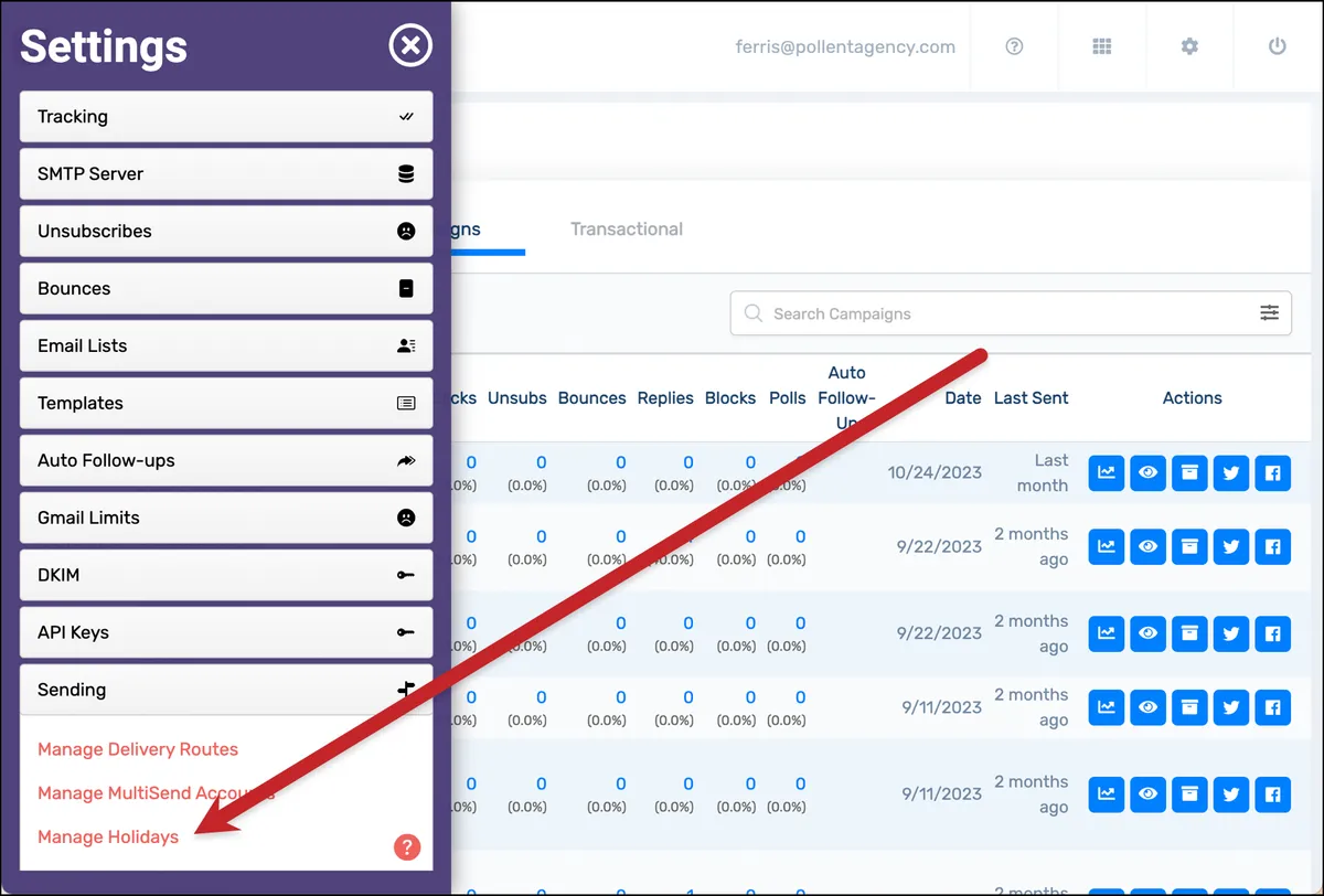 Select Manage Holidays in the GMass dashboard