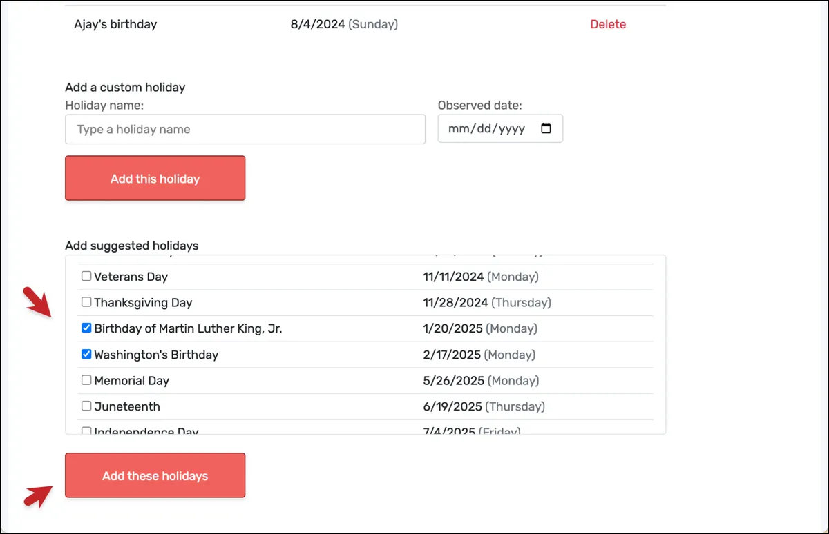 You can add suggested holidays