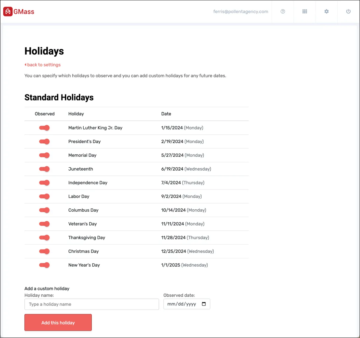 The standard holidays default to observed