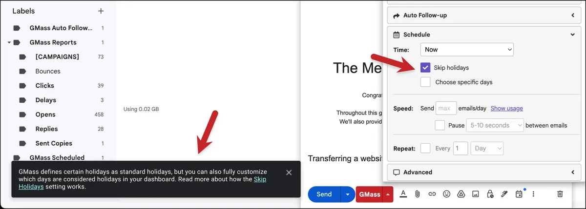 A Skip Holidays instruction reminder