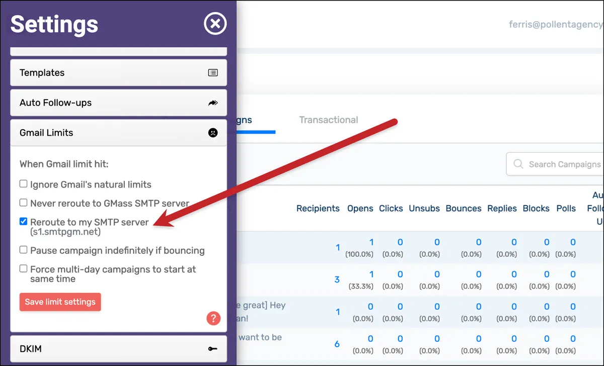 Reroute large campaigns to GMass's internal SMTP server