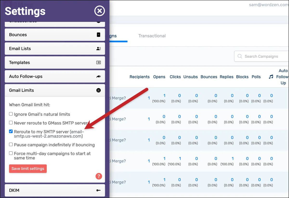 Reroute to the SMTP server after you hit Gmail's limits