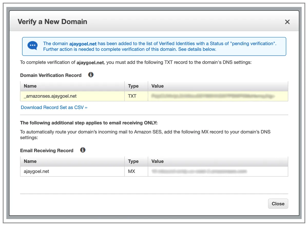 Amazon SES verify new domain