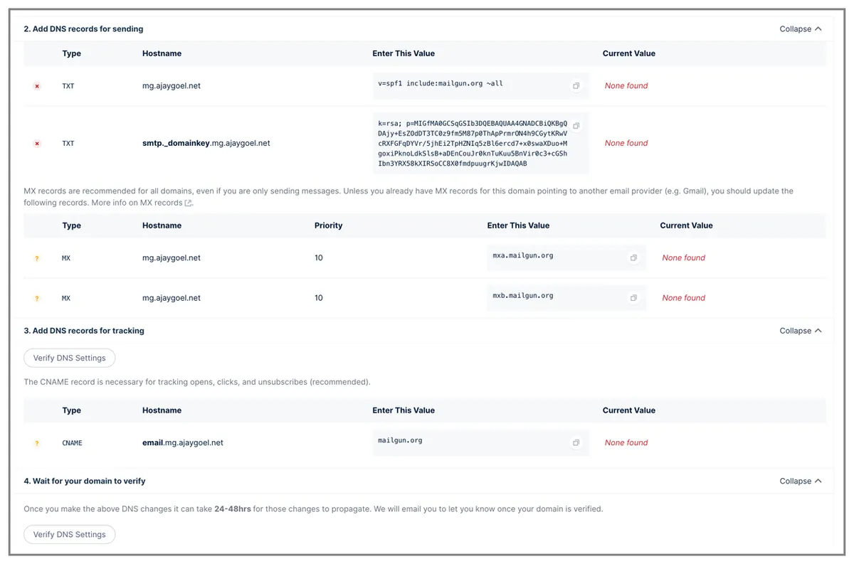 Mailgun DNS records