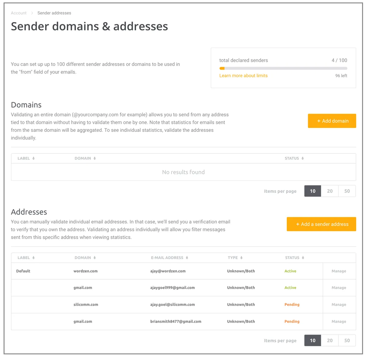 Mailjet verify multiple senders